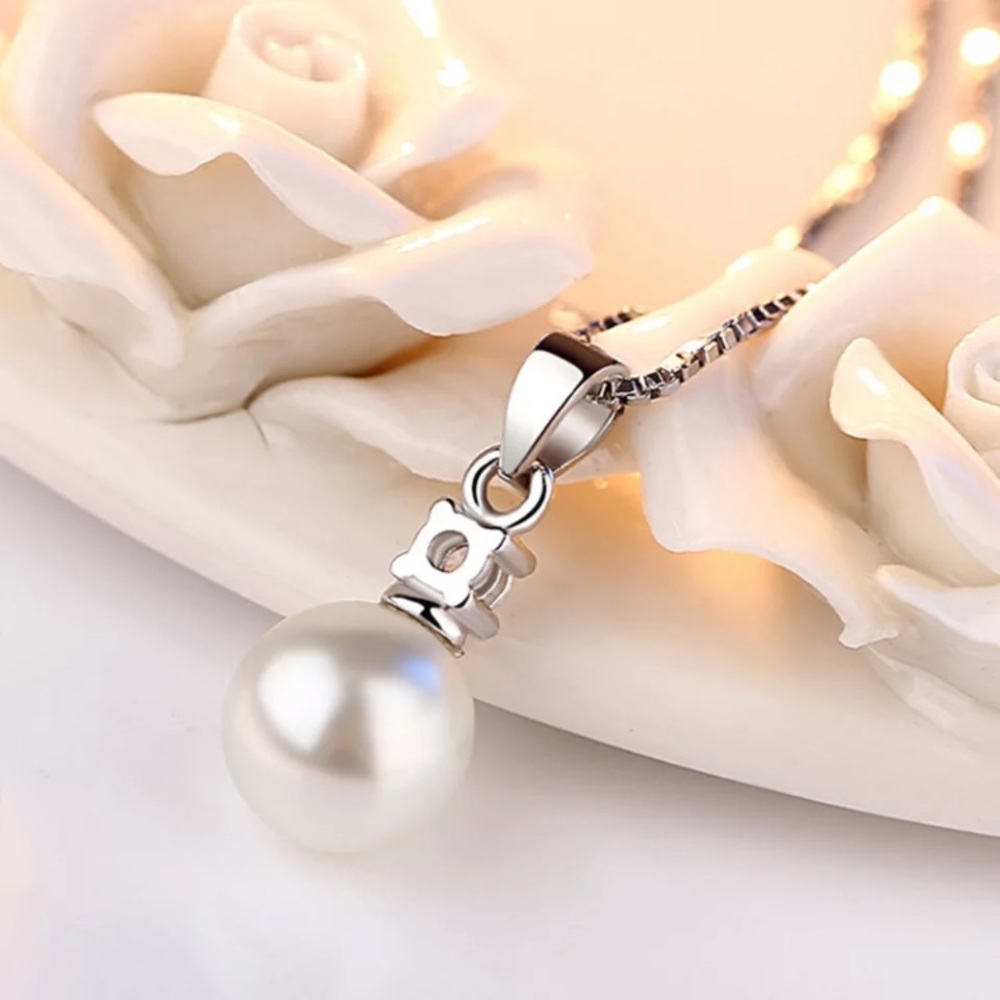 π Sterling Silver 925 Diamond Pearl Necklace - Picture 3 of 5